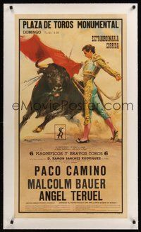 7k078 PLAZA DE TOROS MONUMENTAL linen Spanish '76 fantastic bullfighting art by Ballestar!
