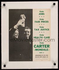 7k051 VOTE CARTER/MONDALE linen political campaign poster '76 candidates raising arms in victory!