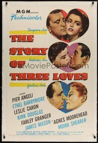 7k331 STORY OF THREE LOVES linen 1sh '53 Kirk Douglas, Pier Angeli, Leslie Caron, Granger, Mason