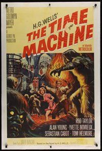7k344 TIME MACHINE linen 1sh '60 H.G. Wells, George Pal, great Reynold Brown sci-fi artwork!