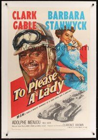7k346 TO PLEASE A LADY linen 1sh '50 art of race car driver Clark Gable & sexy Barbara Stanwyck!
