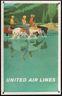 7k056 UNITED AIR LINES linen travel poster '60s great Stan Galli western art of people on horses!