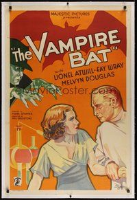 7k351 VAMPIRE BAT linen 1sh '33 art of Lionel Atwill & terrified Fay Wray + creepy guy!