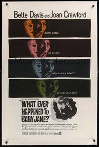 7k355 WHAT EVER HAPPENED TO BABY JANE? linen 1sh '62 Robert Aldrich, Bette Davis & Joan Crawford!