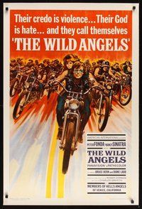 7k358 WILD ANGELS linen 1sh '66 classic image of biker Peter Fonda & Nancy Sinatra on motorcycle!