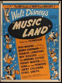 7m092 MUSIC LAND 30x40 '55 Walt Disney, art of Donald Duck, Joe Carioca & more!