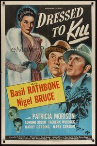 7m007 DRESSED TO KILL 1sh '46 art of Basil Rathbone as Sherlock Holmes & Patricia Morison w/ gun!