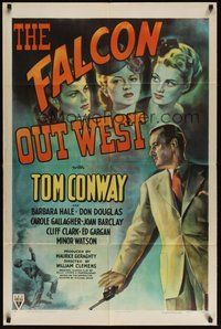 7m019 FALCON OUT WEST 1sh '44 great art of Tom Conway as The Falcon with three pretty women!