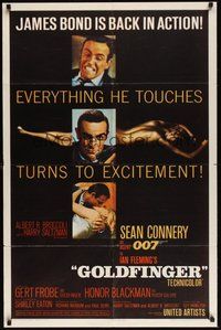 7m021 GOLDFINGER 1sh '64 three great images of Sean Connery as James Bond 007!