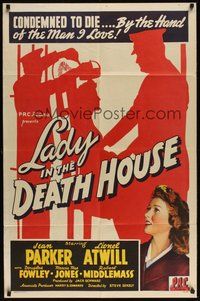 7m027 LADY IN THE DEATH HOUSE 1sh '44 silhouette art of woman being strapped to electric chair!