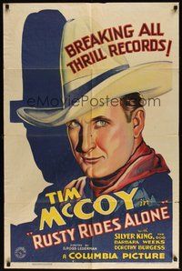 7m040 RUSTY RIDES ALONE 1sh '33 Tim McCoy is breaking all thrill records, cool stone litho!