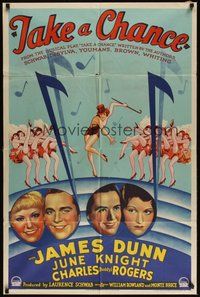 7m044 TAKE A CHANCE 1sh '33 art of James Dunn & Buddy Rogers in notes + sexy deco dancing girls!