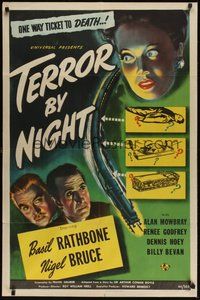 7m006 TERROR BY NIGHT 1sh '46 Basil Rathbone is Sherlock Holmes, Nigel Bruce as Watson, train art!
