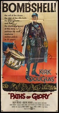 7p037 PATHS OF GLORY 3sh '58 Stanley Kubrick, great full-length artwork of Kirk Douglas in WWI!