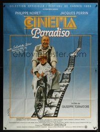 7p074 CINEMA PARADISO French 1p '89 great image of Philippe Noiret & Salvatore Cascio on bike!