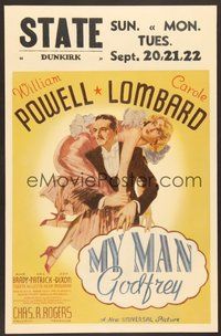 7p021 MY MAN GODFREY WC '36 great artwork of William Powell carrying sexy Carole Lombard!