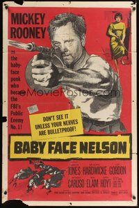 7r060 BABY FACE NELSON 1sh '57 great art of Public Enemy No. 1 Mickey Rooney firing tommy gun!