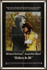 7r074 BELIEVE IN ME 1sh '71 close up of Michael Sarrazin holding Jacqueline Bisset!