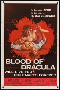 7r098 BLOOD OF DRACULA 1sh '57 cool horror artwork of female vampire Sandra Harrison attacking!