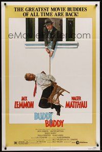 7r119 BUDDY BUDDY 1sh '81 Walter Matthau holds tied up Jack Lemmon hanging from rope out a window!