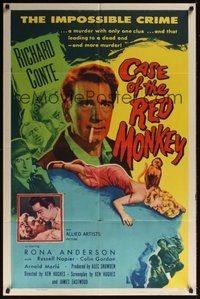 7r137 CASE OF THE RED MONKEY 1sh '55 Richard Conte solves the impossible crime, sexy Rona Anderson