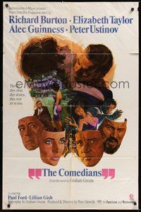 7r161 COMEDIANS style B 1sh '67 Richard Burton, Elizabeth Taylor, Alec Guinness & Peter Ustinov!