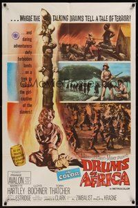 7r216 DRUMS OF AFRICA 1sh '63 great image of Frankie Avalon, sexy girl tied to totem pole!