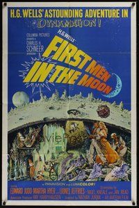 7r259 FIRST MEN IN THE MOON 1sh '64 Ray Harryhausen, H.G. Wells, fantastic sci-fi artwork!
