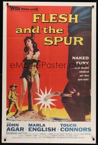 7r264 FLESH & THE SPUR 1sh '56 artwork of sexy girl staked to ant hill!
