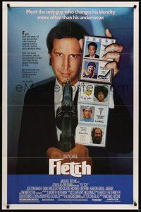 7r265 FLETCH 1sh '85 Michael Ritchie, wacky detective Chevy Chase has gun pulled on him!