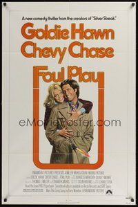 7r274 FOUL PLAY 1sh '78 wacky Lettick art of Goldie Hawn & Chevy Chase, screwball comedy!