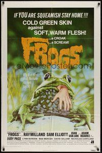 7r285 FROGS 1sh '72 horror art of man-eating reptile amphibian with human hand hanging from mouth!