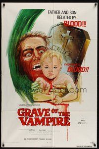 7r309 GRAVE OF THE VAMPIRE 1sh '72 wacky horror art of father & son related by everyone's blood!