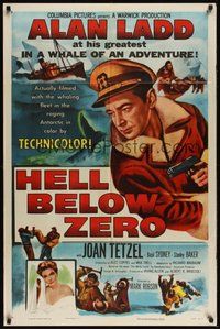 7r347 HELL BELOW ZERO 1sh '54 art of Alan Ladd in Antarctica expedition!