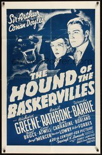 7r373 HOUND OF THE BASKERVILLES 1sh R70s Basil Rathbone as Sherlock Holmes, cool art!