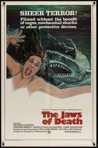 7r411 JAWS OF DEATH 1sh '76 great artwork image of shark attacking sexy girl underwater!