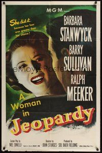 7r413 JEOPARDY 1sh '53 Barbara Stanwyck in Jeopardy, struggling with Ralph Meeker, film noir!