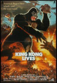 7r432 KING KONG LIVES 1sh '86 great artwork of huge unhappy ape attacked by army!