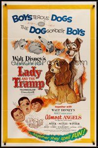7r443 LADY & THE TRAMP/ALMOST ANGELS 1sh '62 Walt Disney double-bill w/cool art!