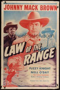 7r454 LAW OF THE RANGE 1sh R48 close up of Johnny Mack Brown with gun, Fuzzy Knight!