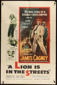 7r472 LION IS IN THE STREETS 1sh '53 the gutter was James Cagney's throne, Barbara Hale!