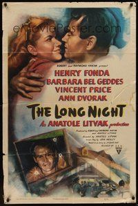 7r480 LONG NIGHT style A 1sh '47 cool noir artwork of Henry Fonda & Barbara Bel Geddes!