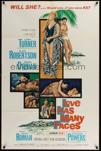 7r485 LOVE HAS MANY FACES 1sh '65 art of sexy smoking Lana Turner & barechested Hugh O'Brian!