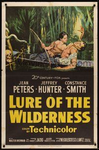 7r490 LURE OF THE WILDERNESS 1sh '52 art of sexy Jean Peters holding wounded Jeff Hunter in swamp!