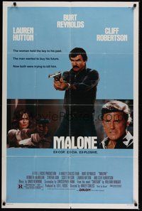7r499 MALONE 1sh '87 Burt Reynolds is ex-cop, ex-CIA, ex-plosive, Lauren Hutton, Cliff Robertson!