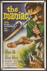 7r509 MANIAC 1sh '63 Kerwin Mathews, Hammer, he stalks his wife, his daughter, their lover!