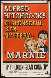 7r511 MARNIE 1sh '64 Sean Connery & Tippi Hedren in Alfred Hitchcock's suspenseful sex mystery!