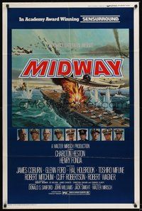 7r528 MIDWAY 1sh '76 Charlton Heston, Henry Fonda, dramatic naval battle art!
