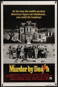 7r555 MURDER BY DEATH int'l 1sh '76 great Charles Addams art of cast by dead body & spooky house!