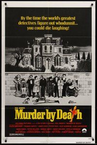 7r554 MURDER BY DEATH 1sh '76 great Charles Addams art of cast by dead body & spooky house!
